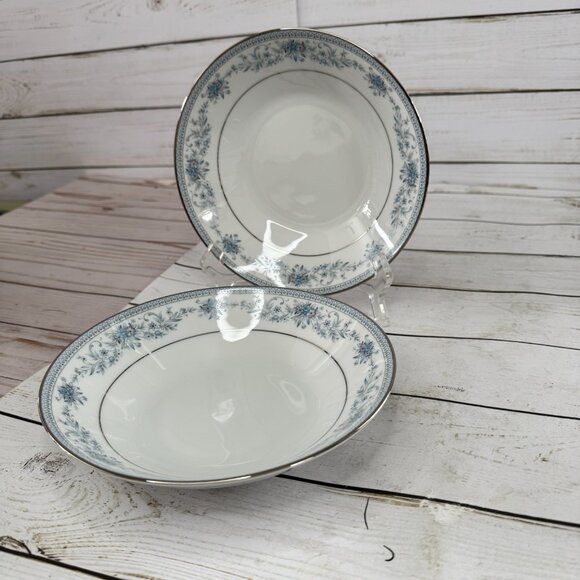 Noritake Fine China Blue Hill Soup Cereal Bowls Silver Trimmed Edge Lot of 2 - Picture 2 of 16